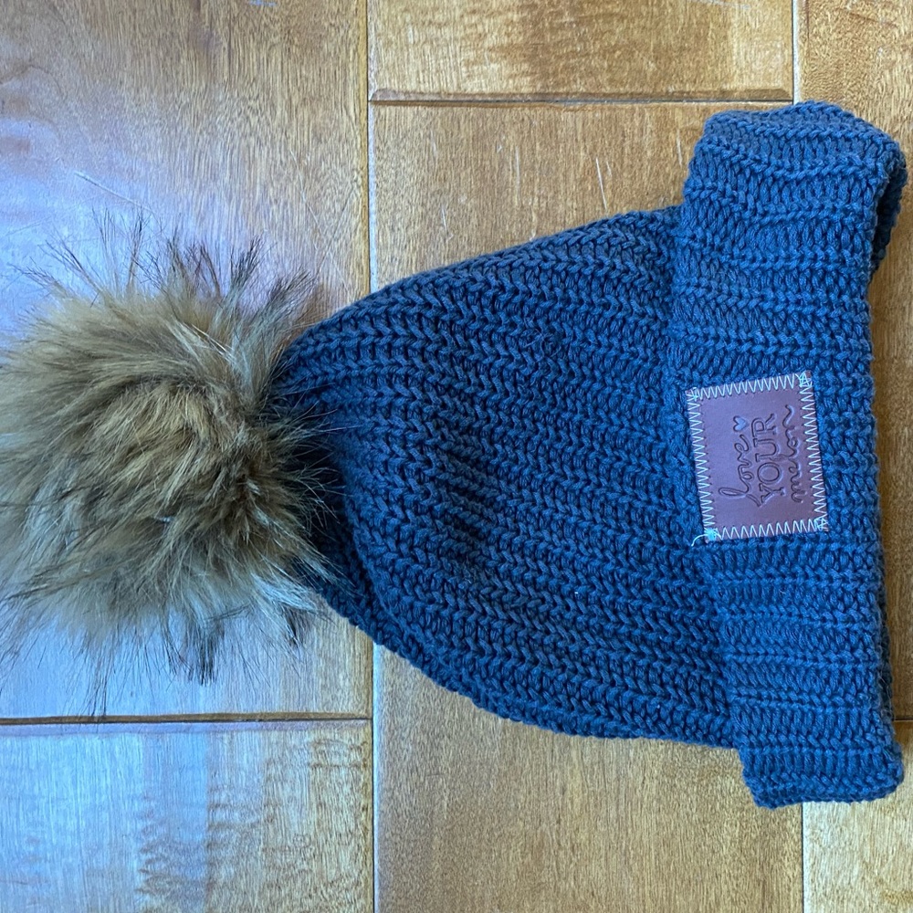 Love Your Melon Dark Grey Fur Pom Pom Cuffed Beanie Hat